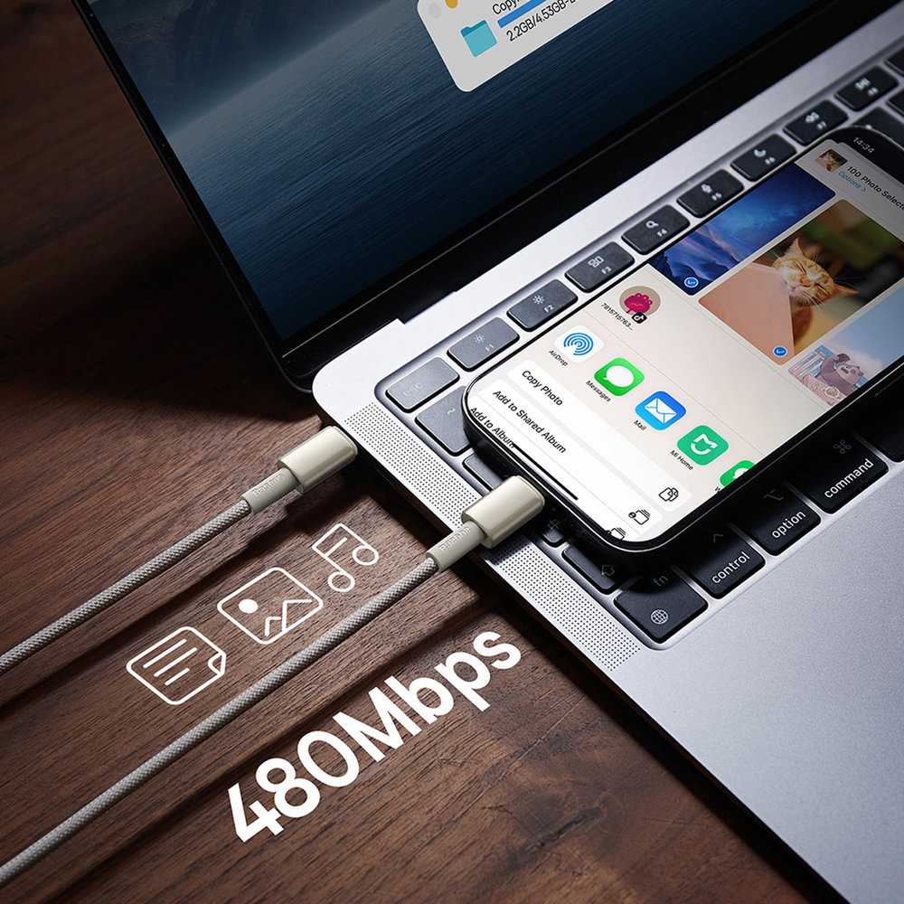 Kabel Baseus Tungsten Gold USB-C do USB-C, PD 100W, 480Mb/s, 2 m, tytanowy