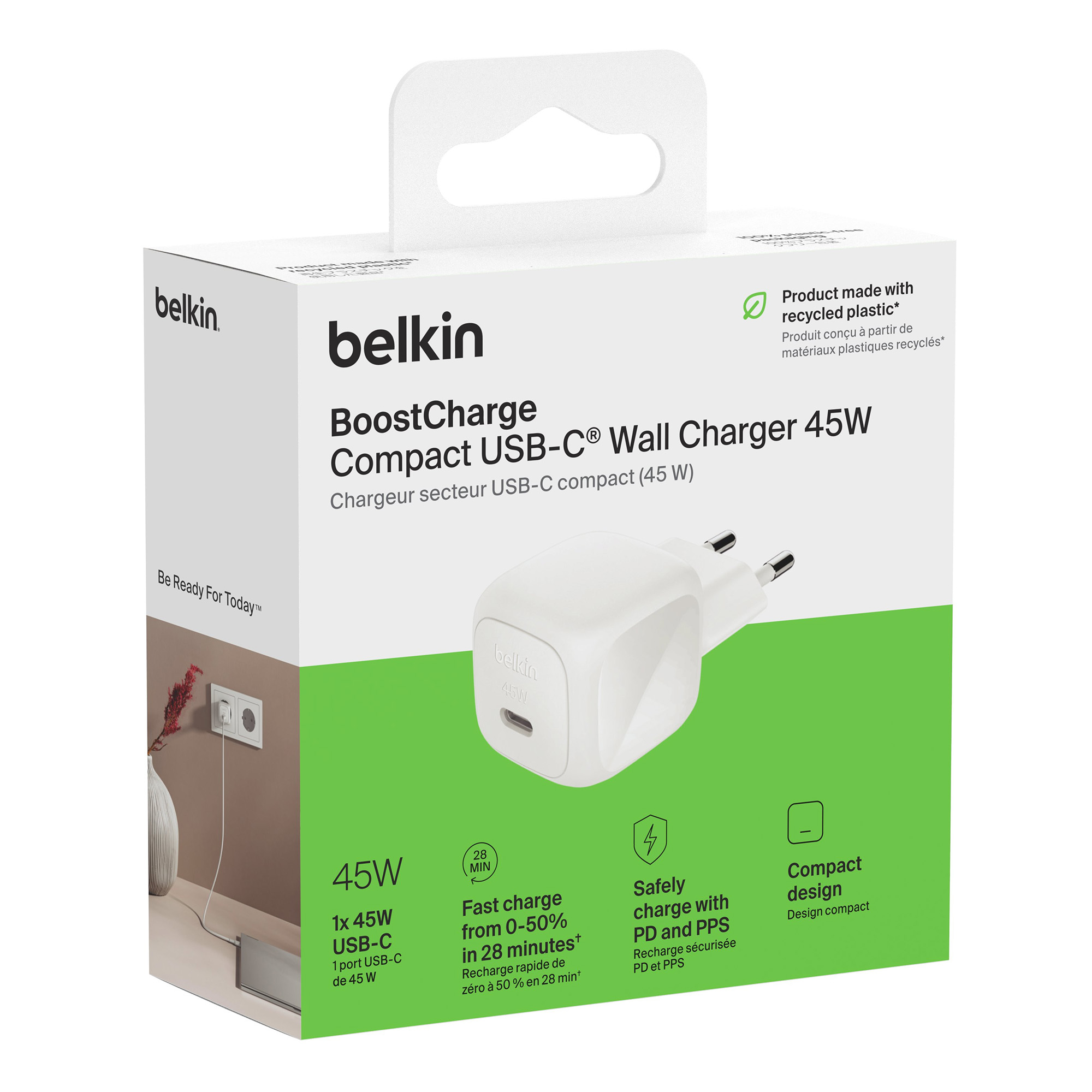 Ładowarka sieciowa Belkin Boost Charge Compact USB-C Wall Charger 45W, USB-C PD3.1, biała