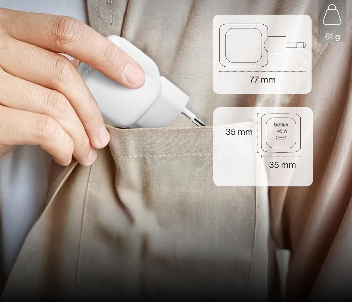 Ładowarka sieciowa Belkin Boost Charge Compact USB-C Wall Charger 45W, USB-C PD3.1, biała
