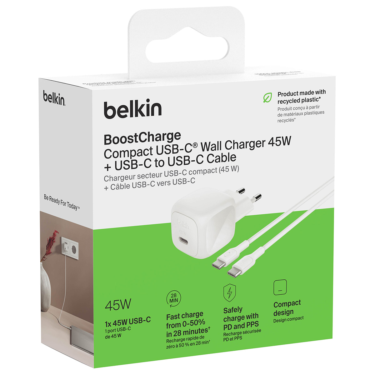Ładowarka sieciowa Belkin Boost Charge Compact USB-C Wall Charger 45W, USB-C PD3.1, + kabel USB-C, biała