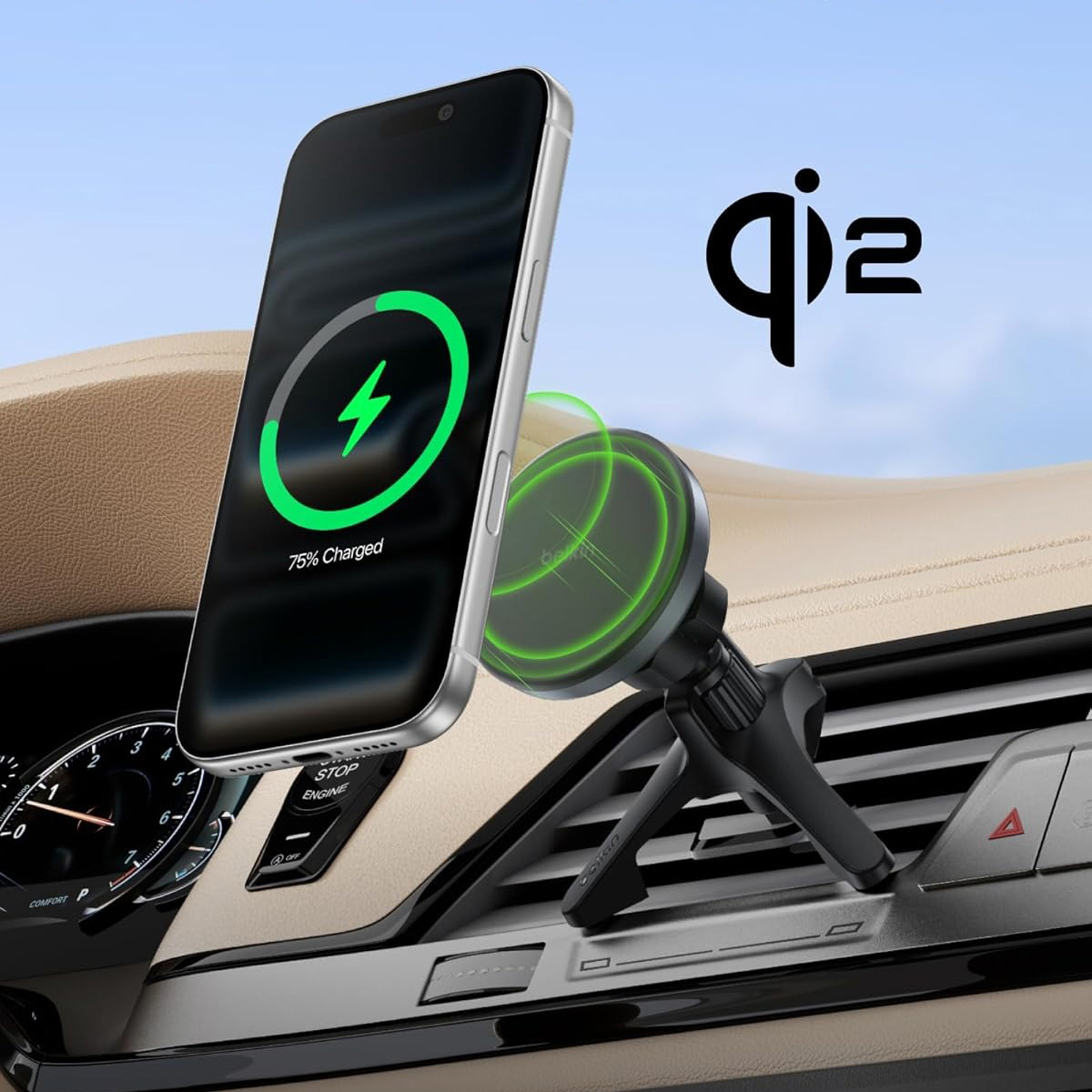 Uchwyt samochodowy magnetyczny z wbudowaną ładowarką bezprzewodową do MagSafe Belkin BoostCharge Magnetic Charging Car Vent and Dash Mount Qi2 15W z kablem USB-C 1m i ładowarką samochodową 27W, przeznaczony dla serii iPhone z MagSafe