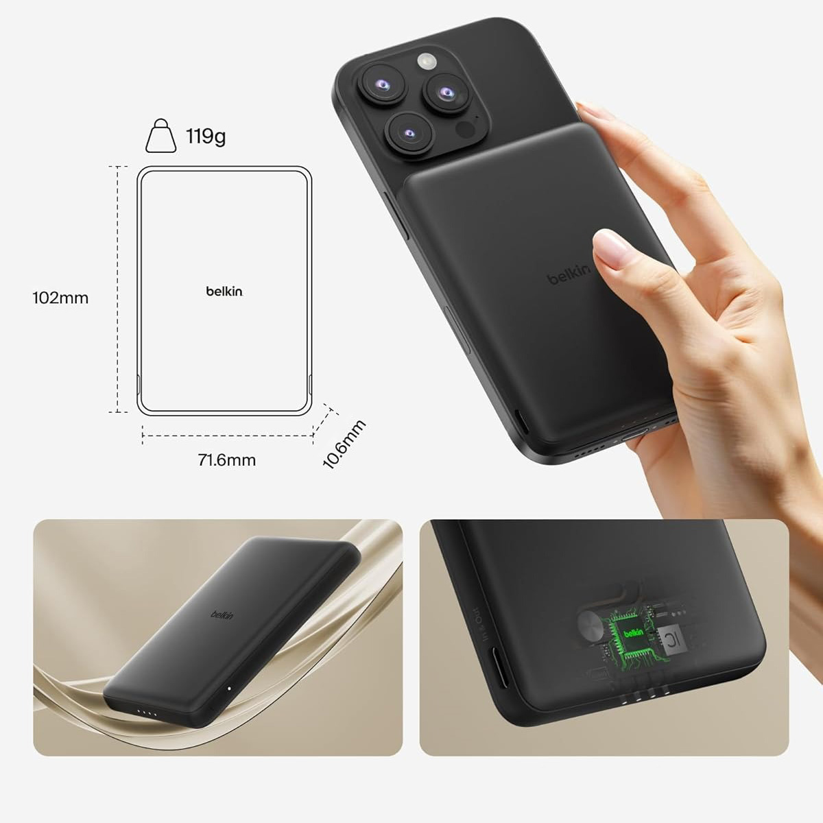 Oryginalna bateria Belkin Boost Charge Slim Magnetic Power Bank 5K 5000mAh Qi 7,5W dla serii iPhone z MagSafe, czarna