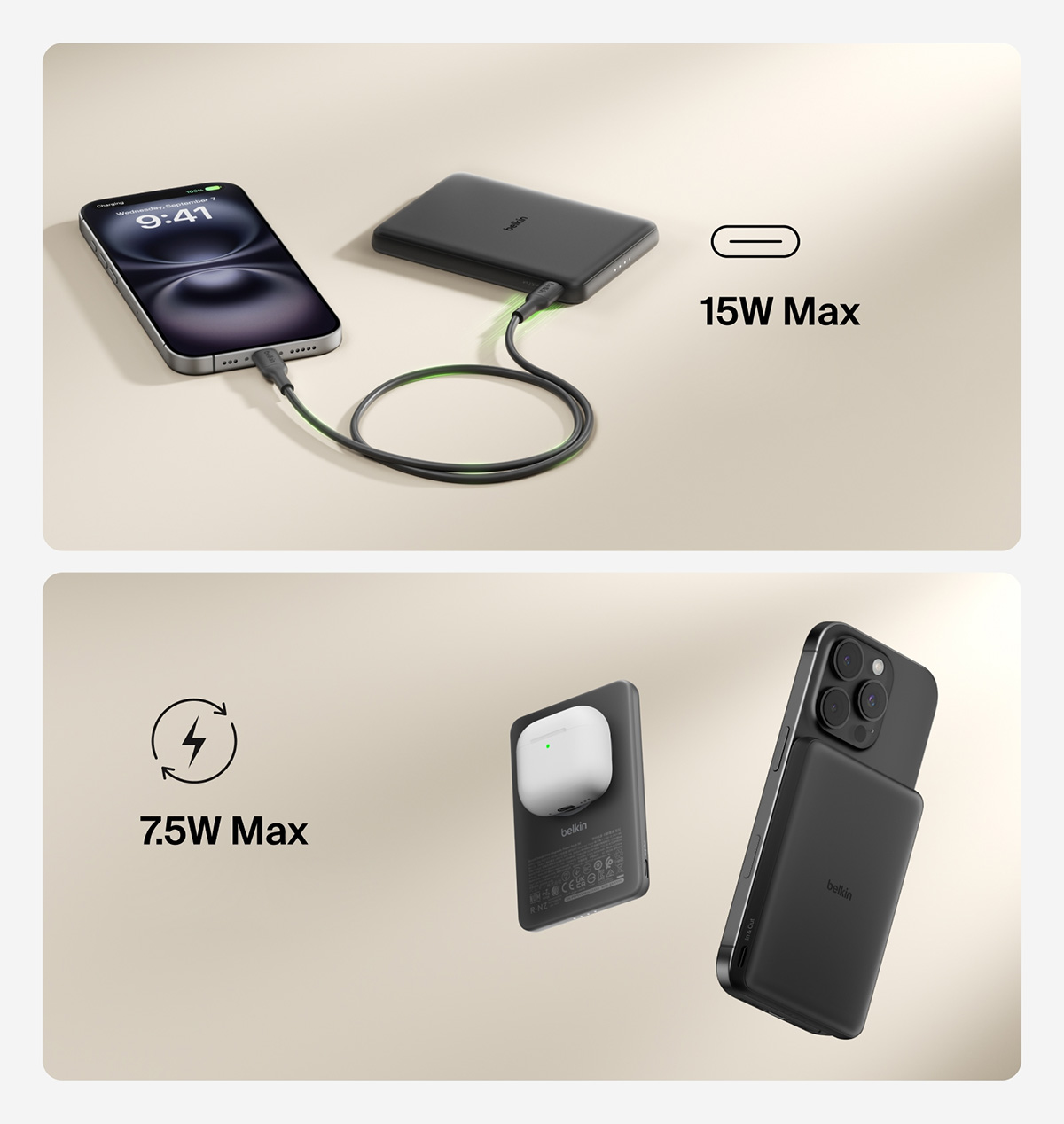 Oryginalna bateria Belkin Boost Charge Slim Magnetic Power Bank 5K 5000mAh Qi 7,5W dla serii iPhone z MagSafe, czarna