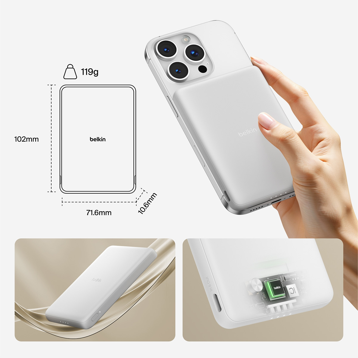 Oryginalna bateria Belkin Boost Charge Slim Magnetic Power Bank 5K 5000mAh Qi 7,5W dla serii iPhone z MagSafe, biała