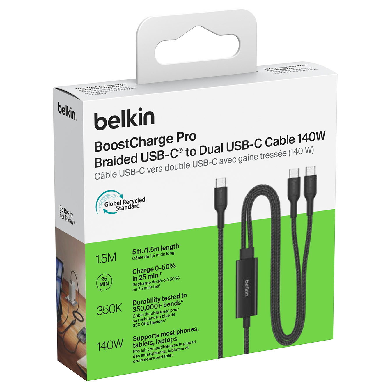 Kabel Belkin BoostCharge Pro Braided USB-C to Dual USB-C PD 140W z oplotem, 1,5m, czarny