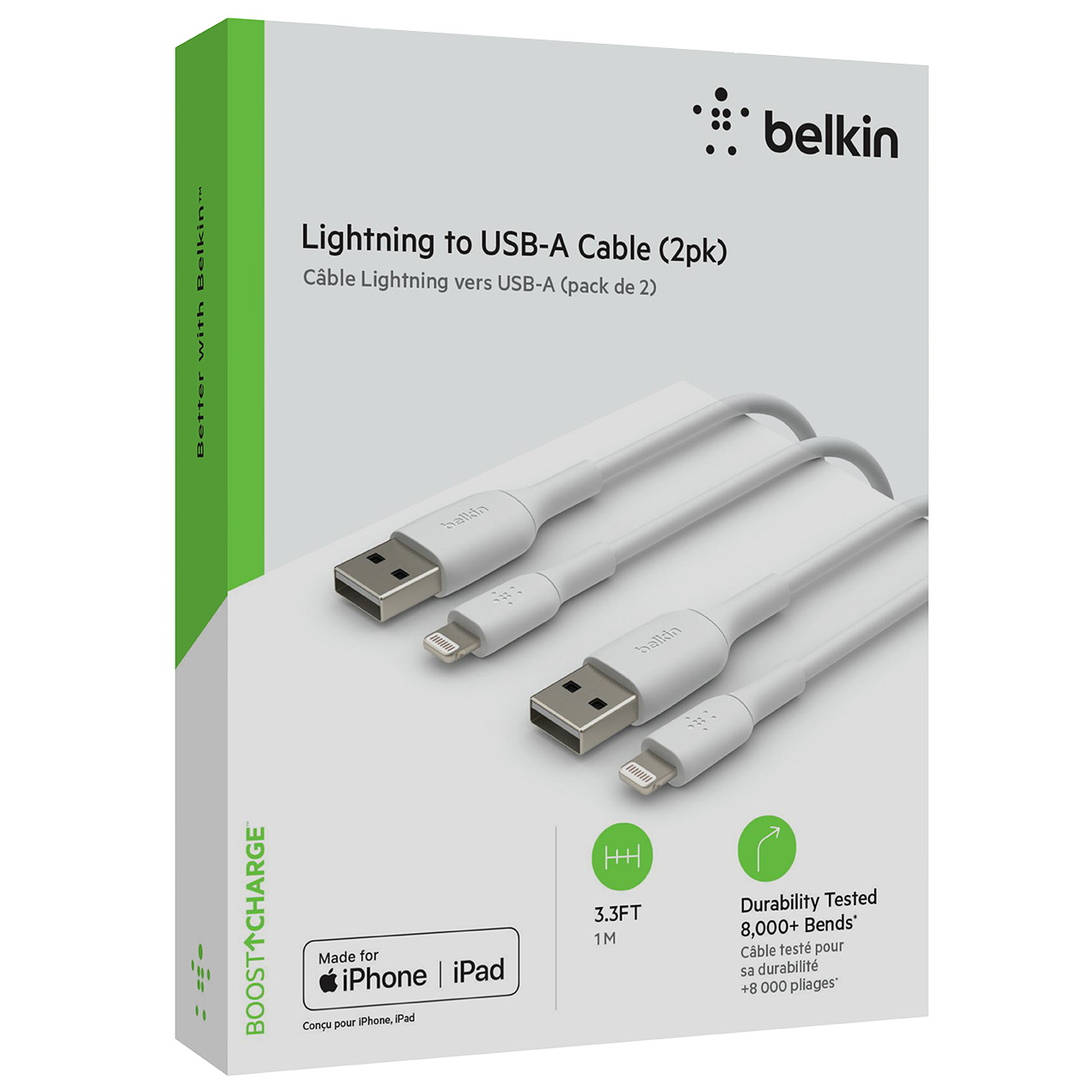 Kabel Belkin Boost Charge PVC USB-A/Lightning 1m 2-Pack, biały