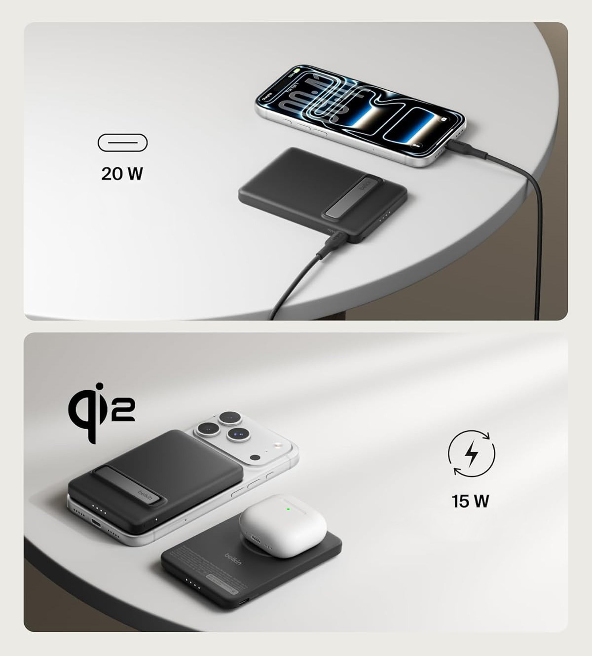 Oryginalna bateria Belkin Boost Charge Slim Magnetic Power Bank 5K + Stand 5000mAh Qi2 15W dla serii iPhone z MagSafe, czarna