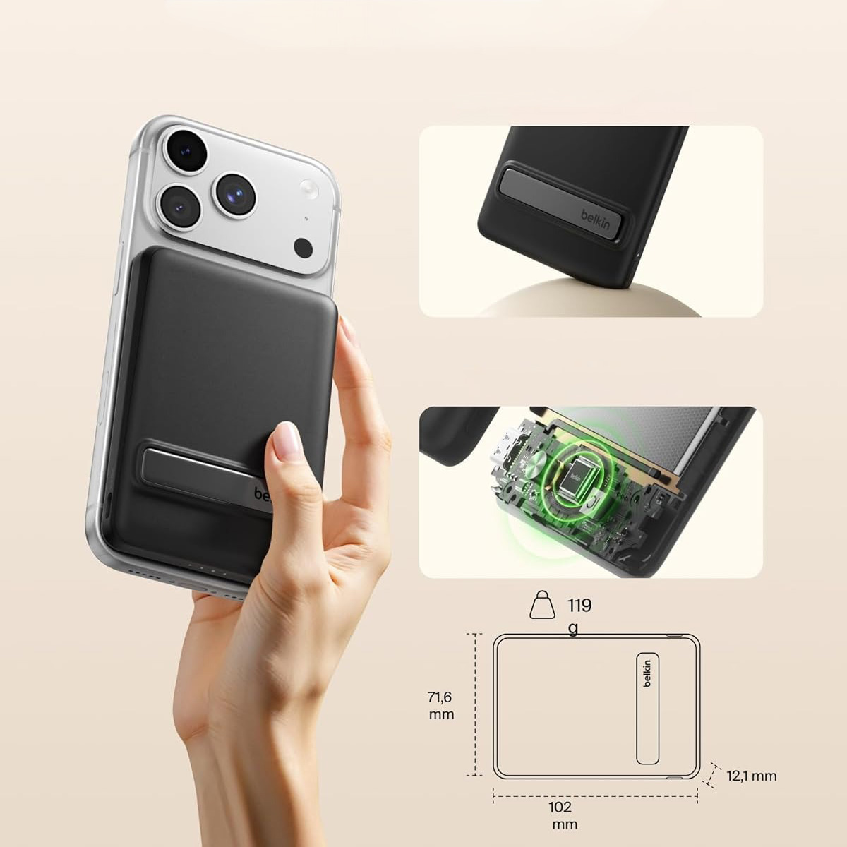 Oryginalna bateria Belkin Boost Charge Slim Magnetic Power Bank 5K + Stand 5000mAh Qi2 15W dla serii iPhone z MagSafe, czarna