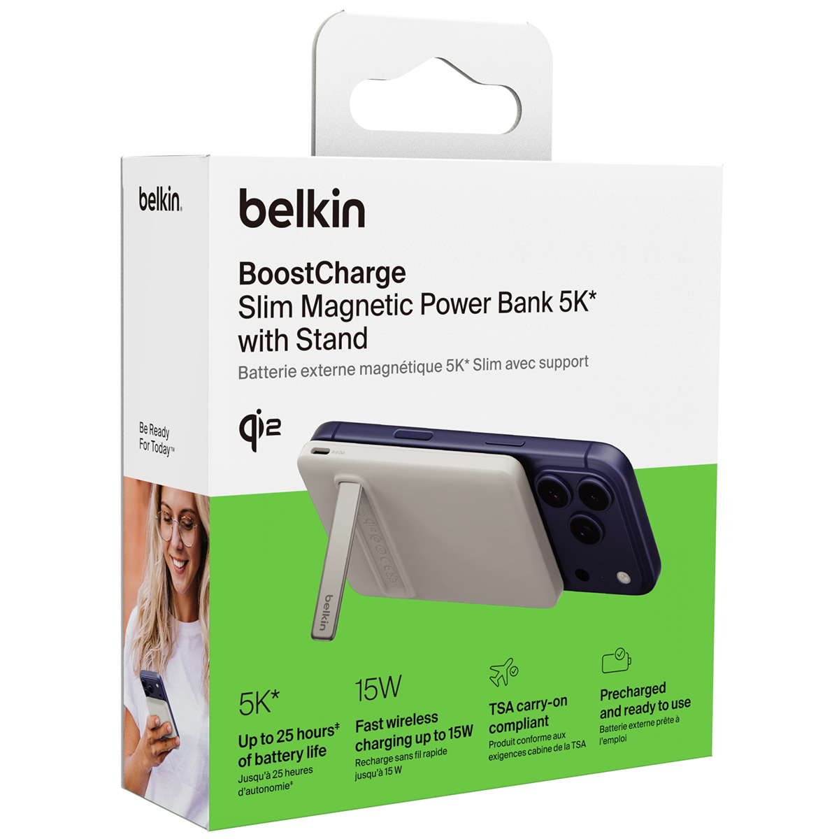 Oryginalna bateria Belkin Boost Charge Slim Magnetic Power Bank 5K + Stand 5000mAh Qi2 15W dla serii iPhone z MagSafe, biała