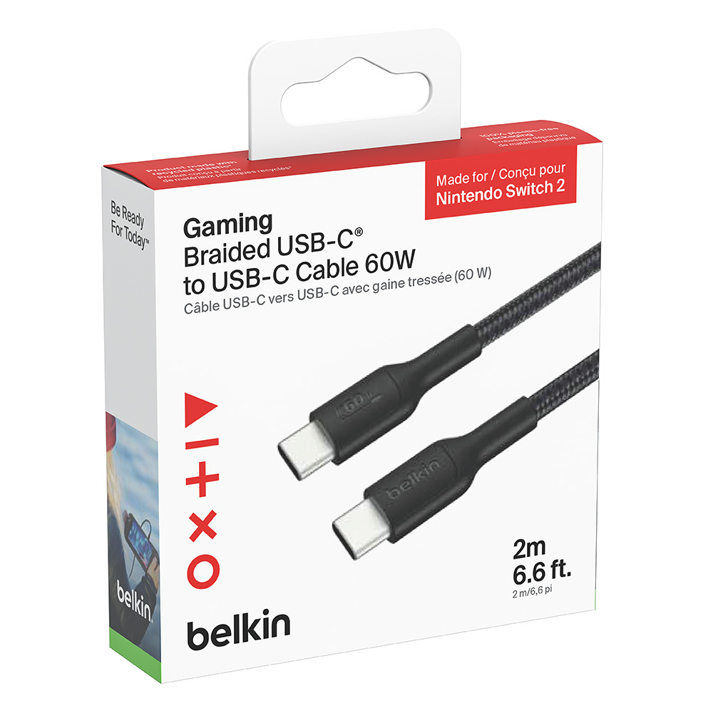 Kabel z oplotem Belkin Gaming Braided USB-C do USB-C 2m, dedykowany do Nintendo Switch 2, czarny