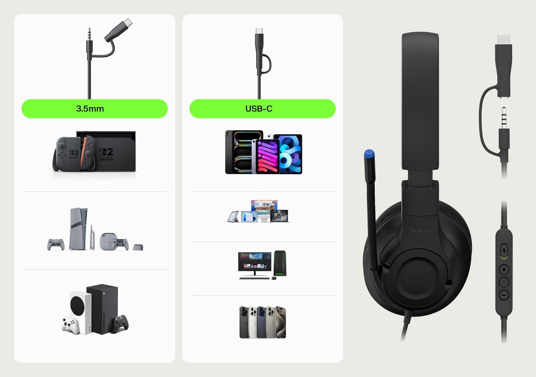 Przewodowe słuchawki nauszne z mikrofonem dla dzieci Belkin Gaming Inspire Wired Kids Headset for Nintendo Switch 2, czarne