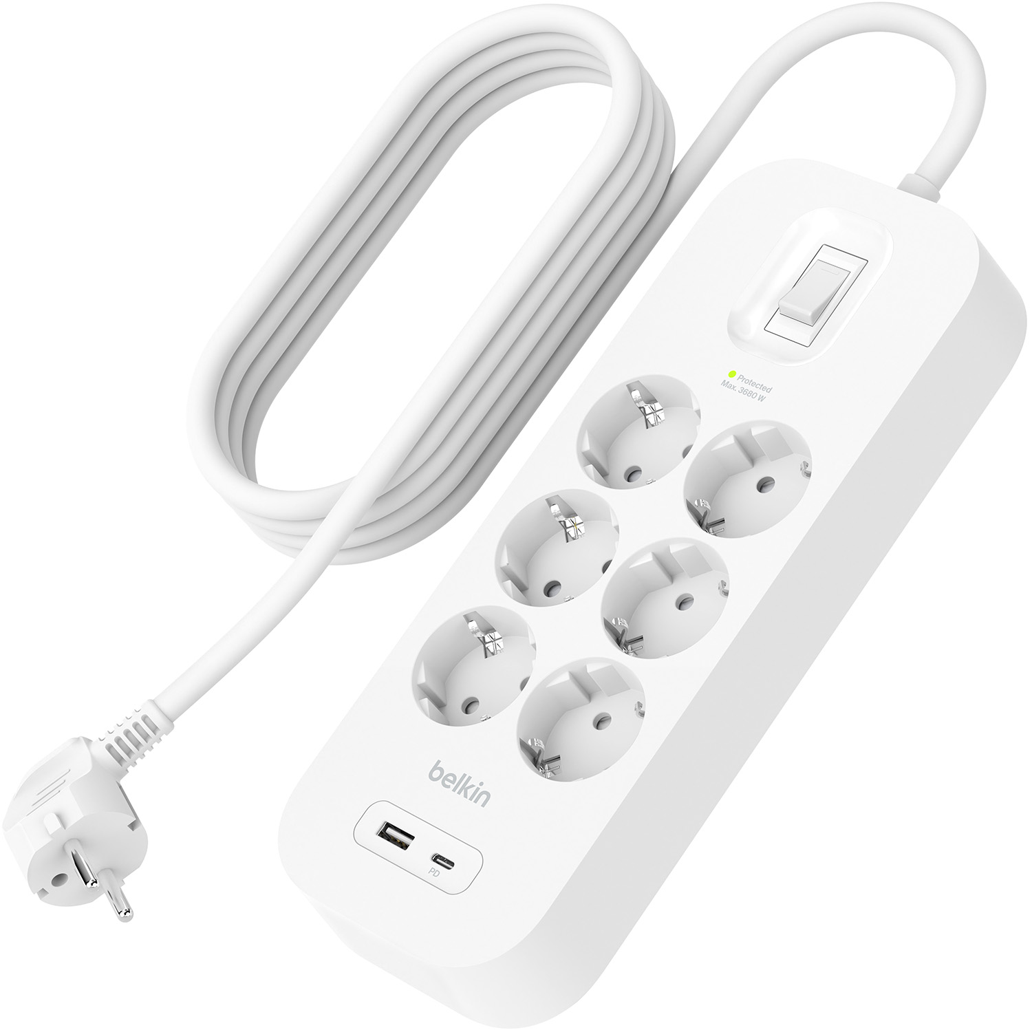 Listwa antyprzepięciowa Belkin Connect Surge Protection 2m, do 650J, 6x AC EU Schuko, USB-C PD, USB-A, biała