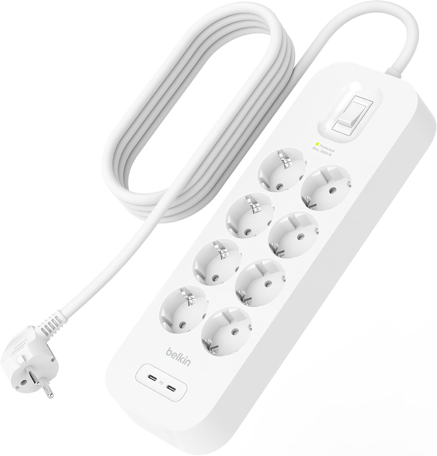 Listwa antyprzepięciowa Belkin Connect Surge Protection 2m, do 900J, 8x AC EU Schuko, 2x USB-C PD, biała