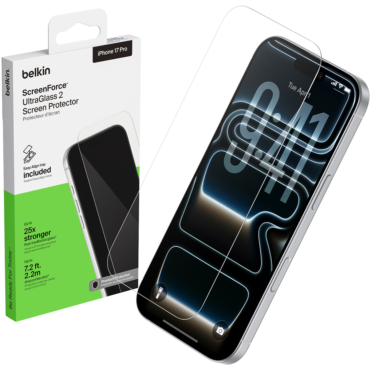 Oryginalne szkło hartowane firmy Belkin z serii ScreenForce UltraGlass2 AntiMicrobial Treated dla iPhone 17 Pro