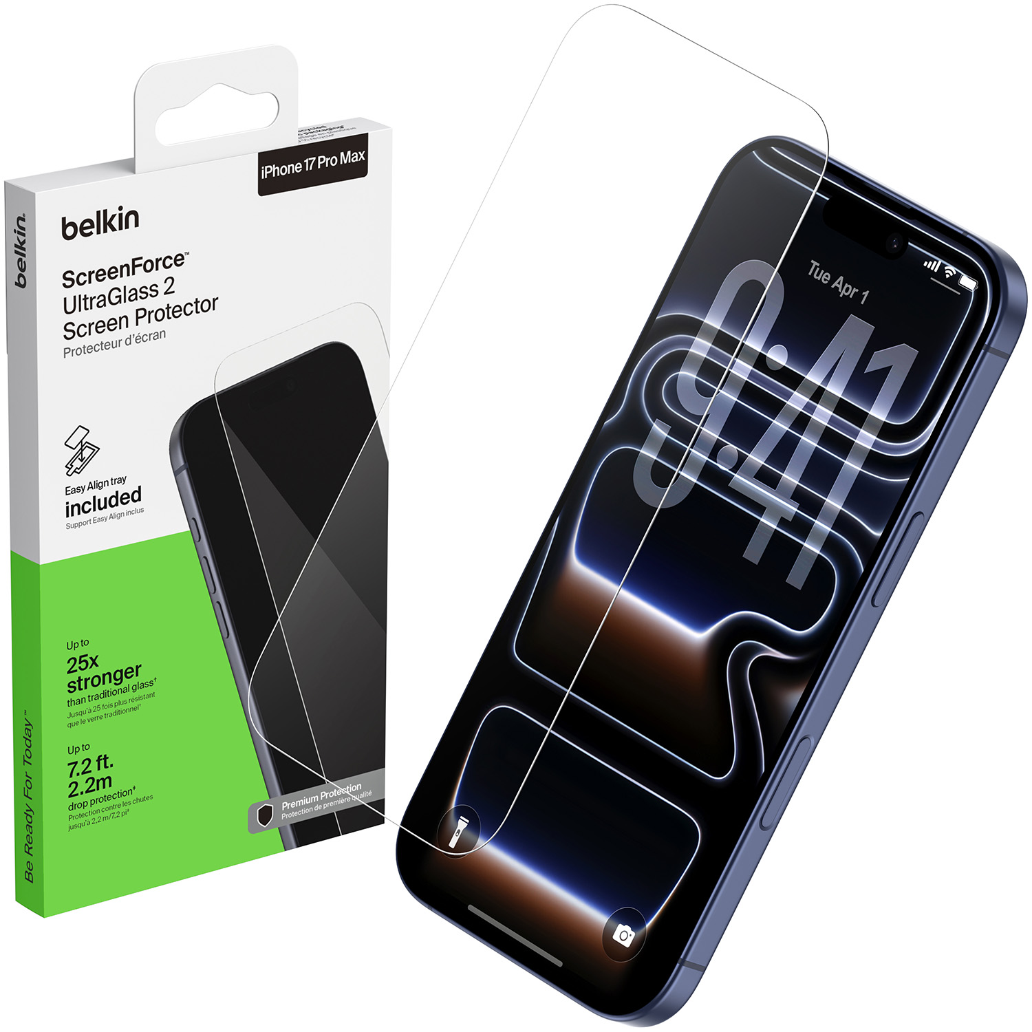Oryginalne szkło hartowane firmy Belkin z serii ScreenForce UltraGlass2 AntiMicrobial Treated dla iPhone 17 Pro Max