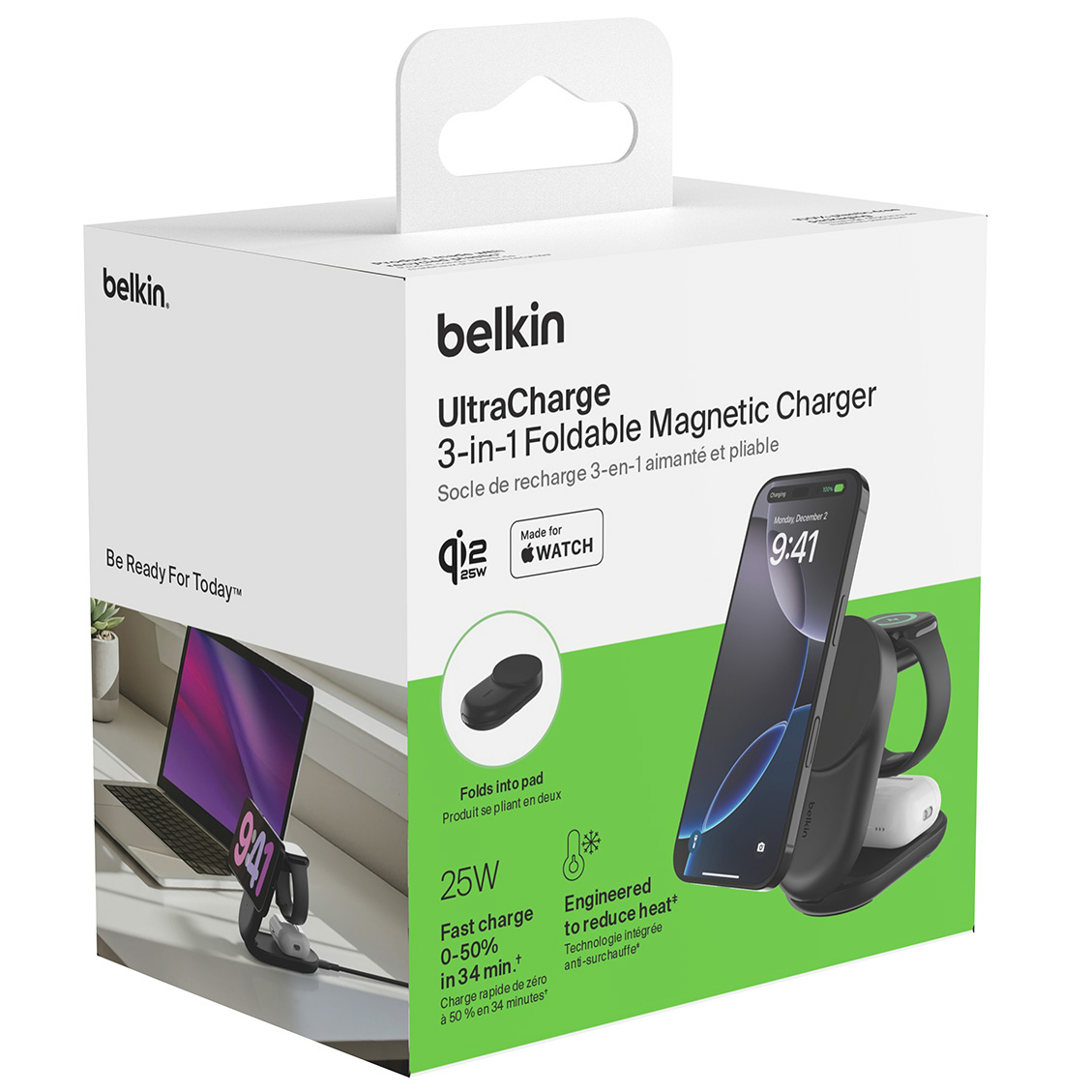 Ładowarka bezprzewodowa, indukcyjna Belkin UltraCharge Magnetic Foldable Charger with MagSafe Qi2.2 25W (WIZ037) + ładowarka sieciowa PSU z kablem do MagSafe dla Apple Watch / AirPods / iPhone, czarna