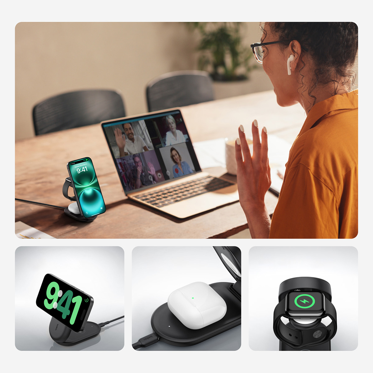 Ładowarka bezprzewodowa, indukcyjna Belkin UltraCharge Magnetic Foldable Charger with MagSafe Qi2.2 25W (WIZ037) + ładowarka sieciowa PSU z kablem do MagSafe dla Apple Watch / AirPods / iPhone, czarna