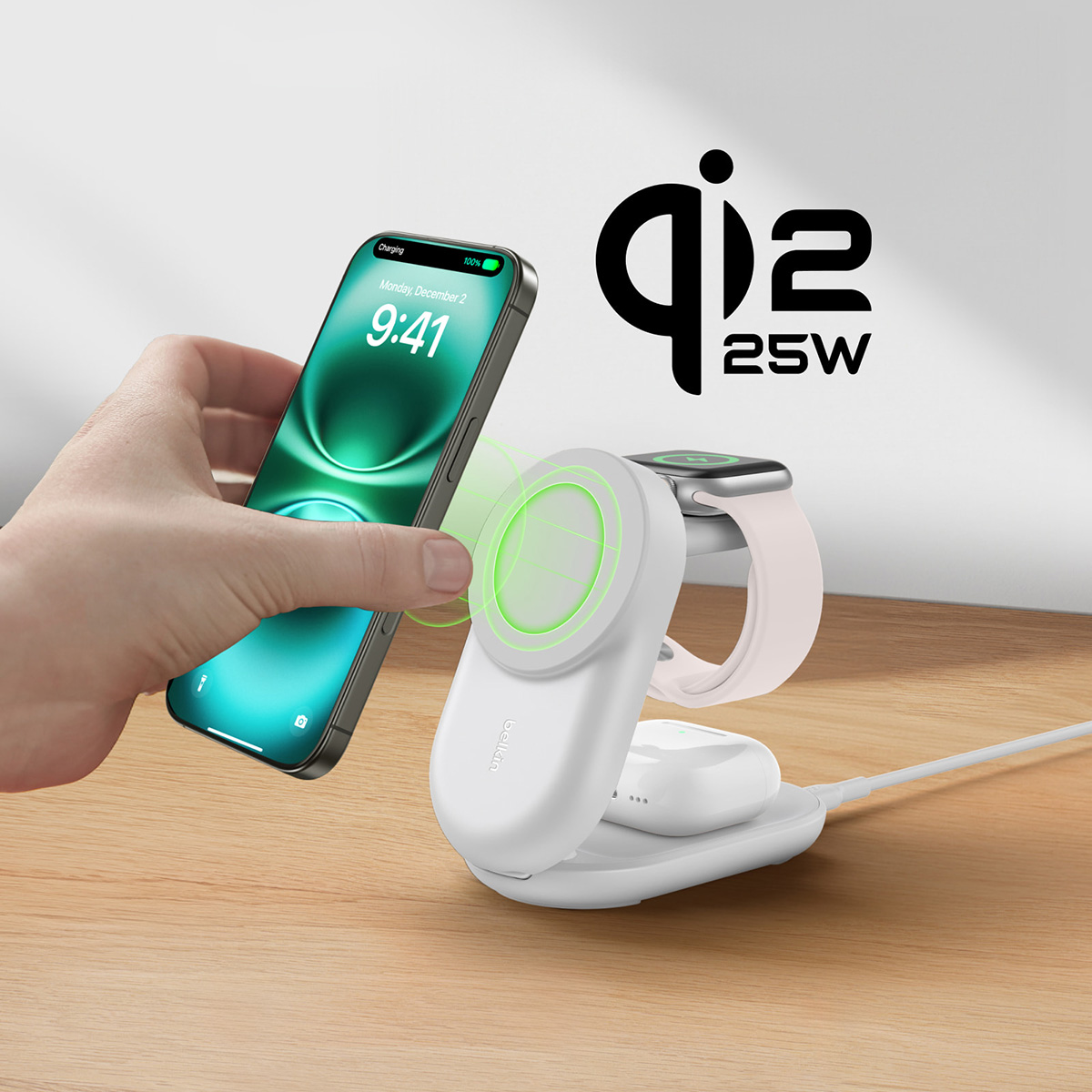 Ładowarka bezprzewodowa, indukcyjna Belkin UltraCharge Magnetic Foldable Charger with MagSafe Qi2.2 25W (WIZ037) + ładowarka sieciowa PSU z kablem do MagSafe dla Apple Watch / AirPods / iPhone, biała