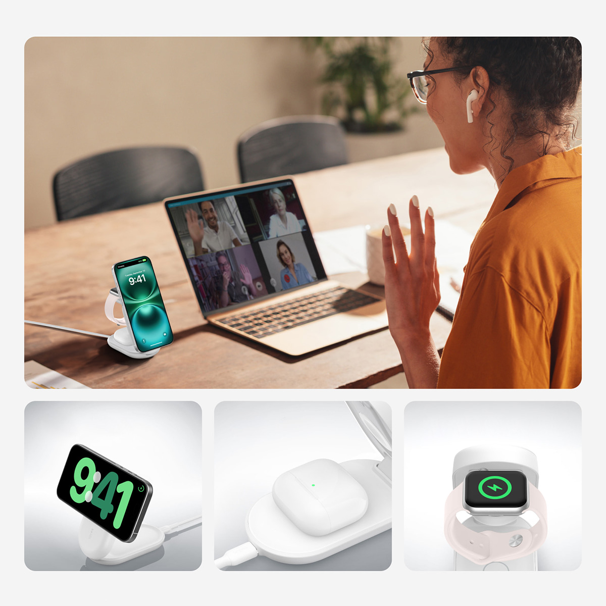 Ładowarka bezprzewodowa, indukcyjna Belkin UltraCharge Magnetic Foldable Charger with MagSafe Qi2.2 25W (WIZ037) + ładowarka sieciowa PSU z kablem do MagSafe dla Apple Watch / AirPods / iPhone, biała