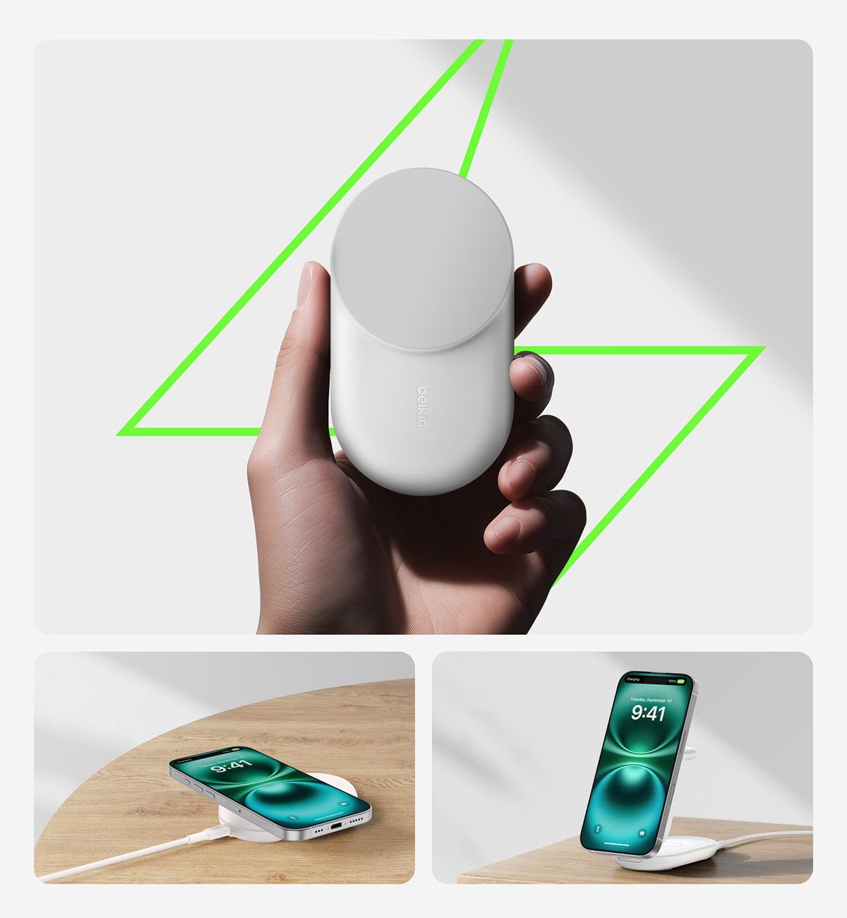 Ładowarka bezprzewodowa, indukcyjna Belkin UltraCharge Magnetic Foldable Charger with MagSafe Qi2.2 25W (WIZ037) + ładowarka sieciowa PSU z kablem do MagSafe dla Apple Watch / AirPods / iPhone, biała
