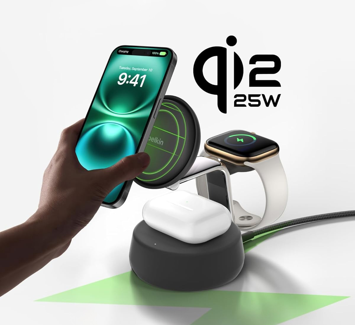 Ładowarka bezprzewodowa, indukcyjna Belkin UltraCharge Pro 3-in-1 Magnetic Charging Dock Qi2 25W do MagSafe do Apple iPhone / AirPods / Watch + ładowarka ścienna, szara