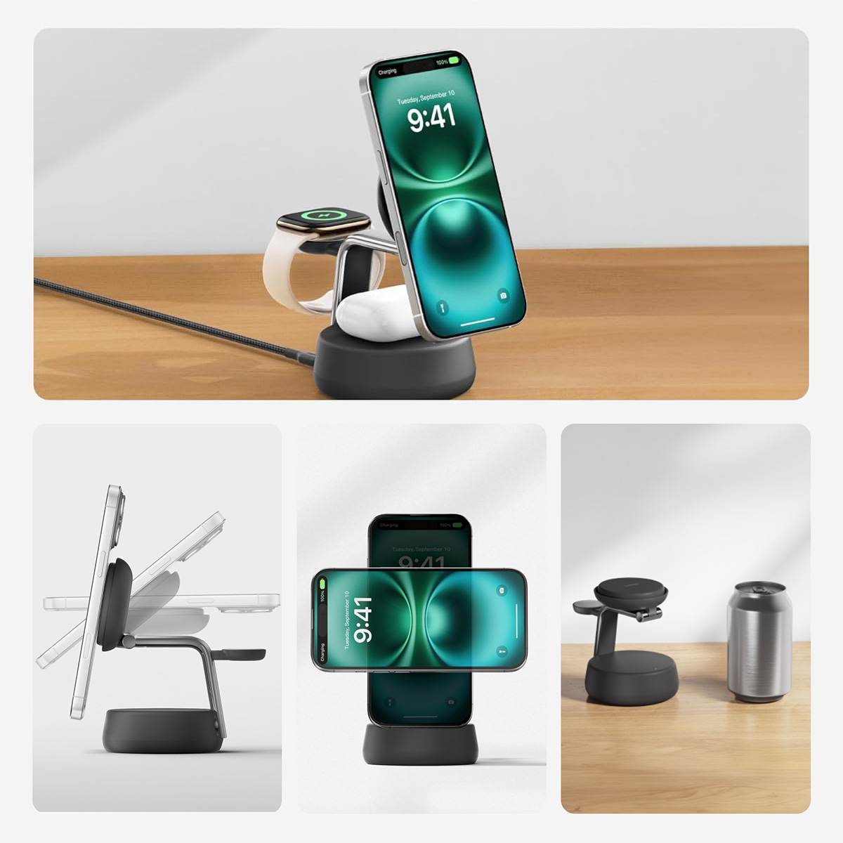 Ładowarka bezprzewodowa, indukcyjna Belkin UltraCharge Pro 3-in-1 Magnetic Charging Dock Qi2 25W do MagSafe do Apple iPhone / AirPods / Watch + ładowarka ścienna, szara