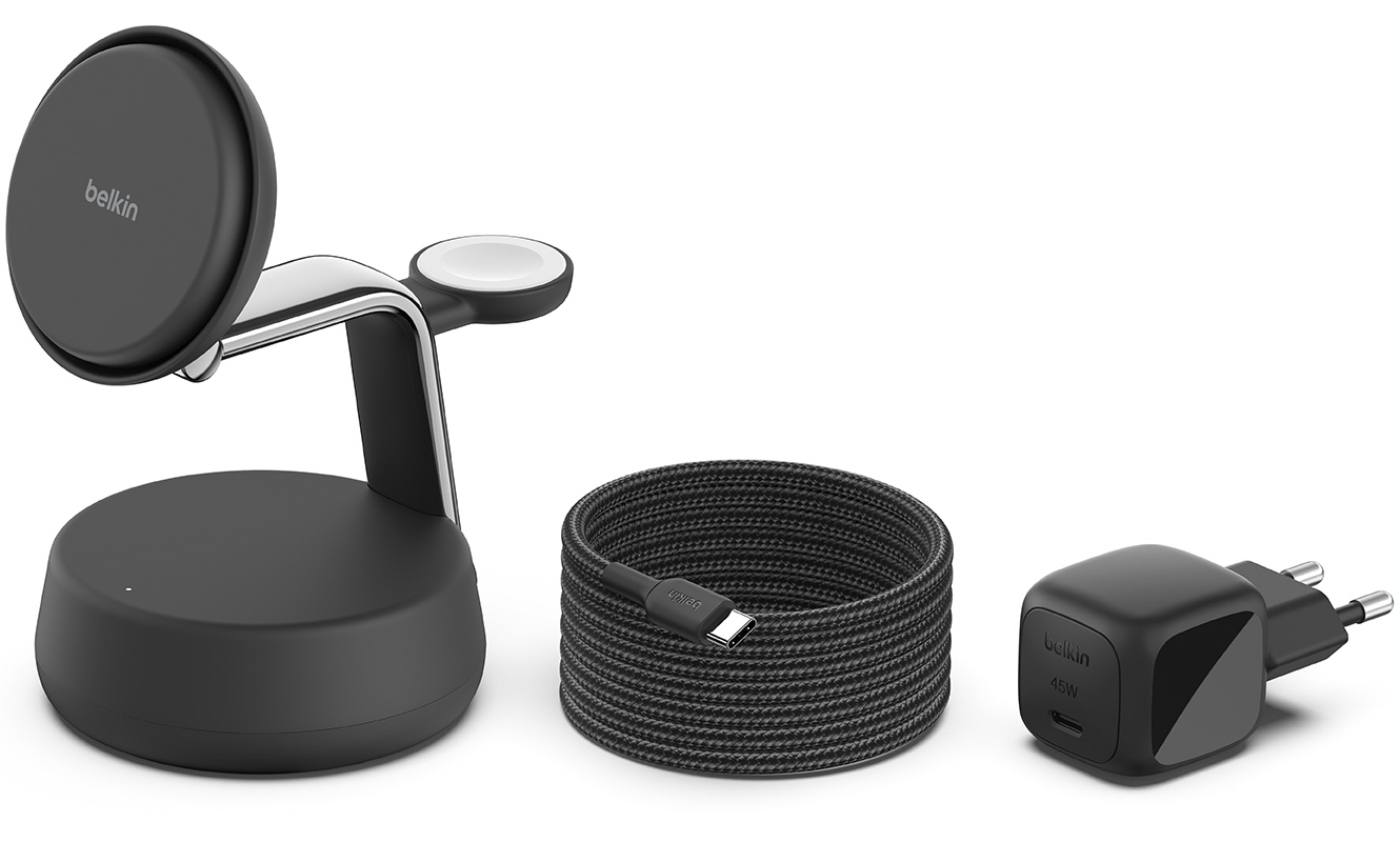 Ładowarka bezprzewodowa, indukcyjna Belkin UltraCharge Pro 3-in-1 Magnetic Charging Dock Qi2 25W do MagSafe do Apple iPhone / AirPods / Watch + ładowarka ścienna, szara