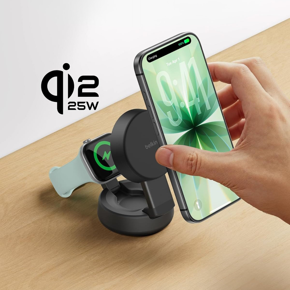 Ładowarka bezprzewodowa, indukcyjna Belkin UltraCharge Pro 2-in-1 Convertible Magnetic Charger Qi2 25W do MagSafe do Apple iPhone / Watch + ładowarka ścienna, szara