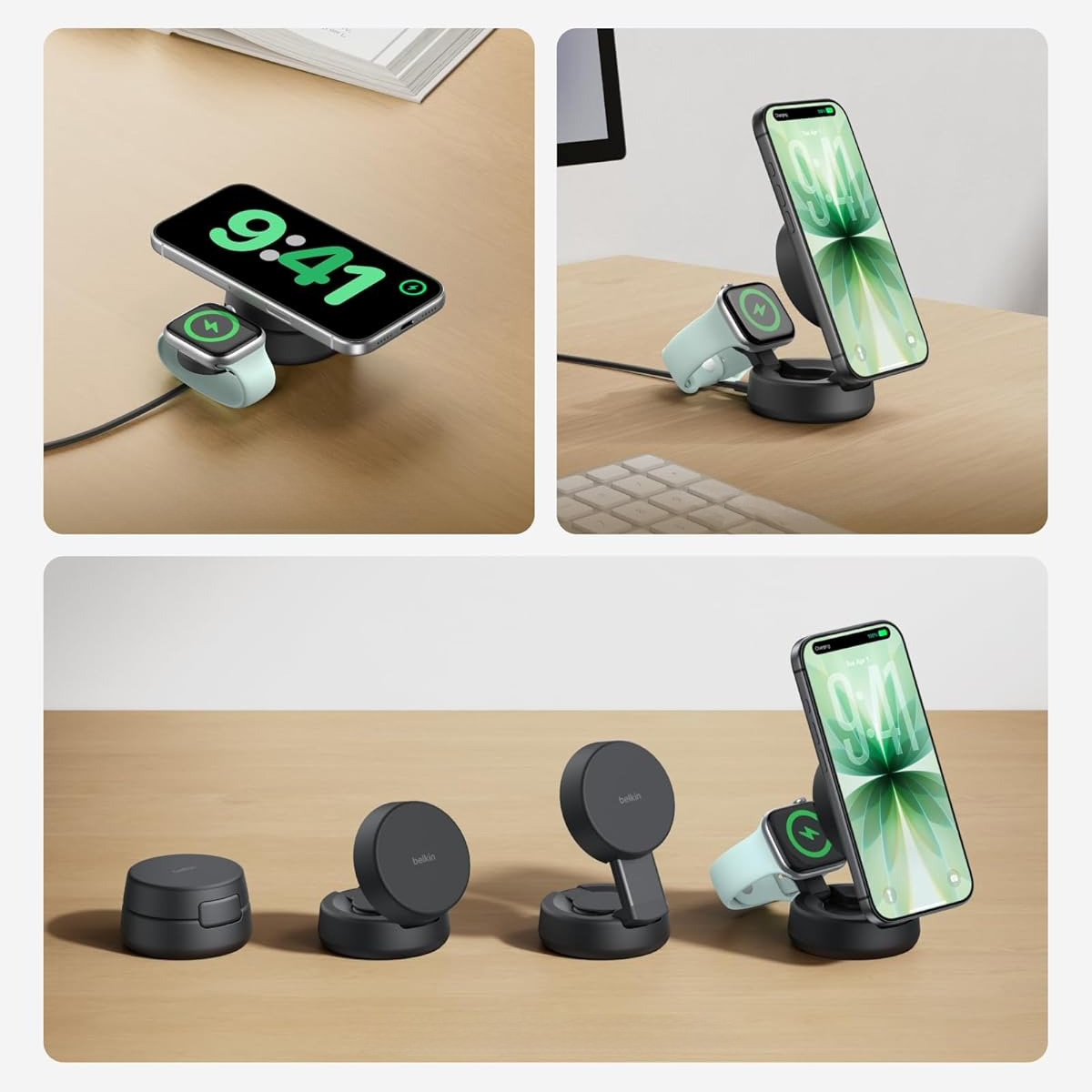 Ładowarka bezprzewodowa, indukcyjna Belkin UltraCharge Pro 2-in-1 Convertible Magnetic Charger Qi2 25W do MagSafe do Apple iPhone / Watch + ładowarka ścienna, szara