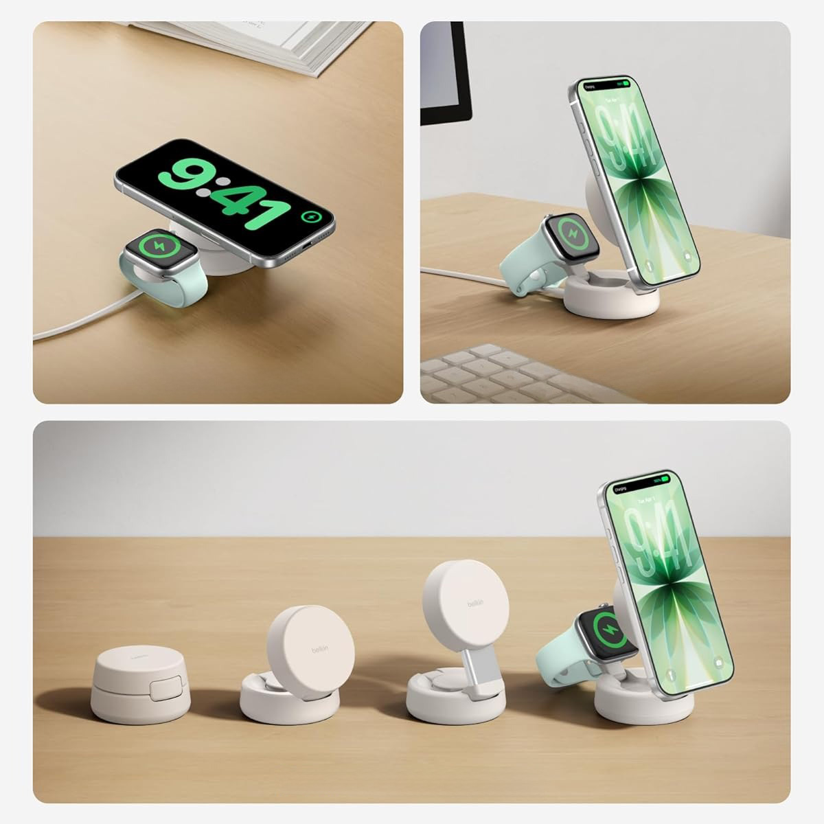 Ładowarka bezprzewodowa, indukcyjna Belkin UltraCharge Pro 2-in-1 Convertible Magnetic Charger Qi2 25W do MagSafe do Apple iPhone / Watch + ładowarka ścienna, beżowa