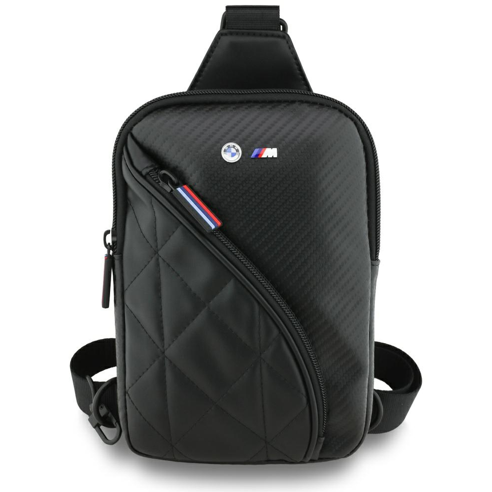 BMW Carbon Pockets and Metal Logo Crossbody, elegancka saszetka crossbody na telefon, metalowe logo BMW, czarny