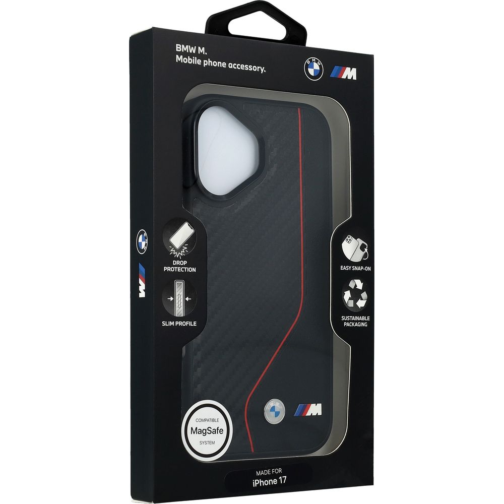 Etui BMW M Carbon Line & Logo do MagSafe do iPhone 17, czarne z czerwoną linią. Ochronny case na plecki, elegancki smukły