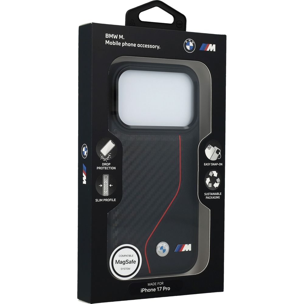 Etui BMW M Carbon Line & Logo do MagSafe do iPhone 17 Pro, czarne z czerwoną linią. Ochronny case na plecki, elegancki smukły