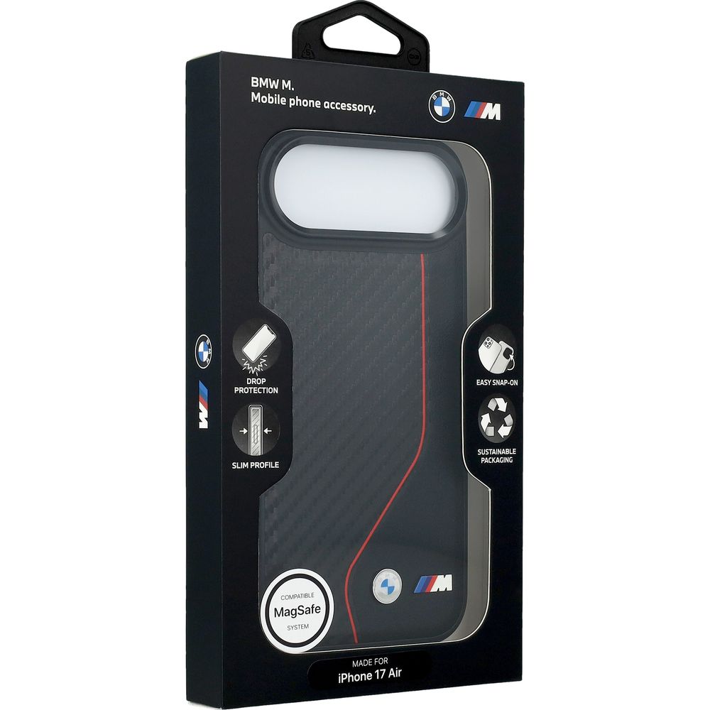 Etui BMW M Carbon Line & Logo do MagSafe do iPhone Air, czarne z czerwoną linią. Ochronny case na plecki, elegancki smukły