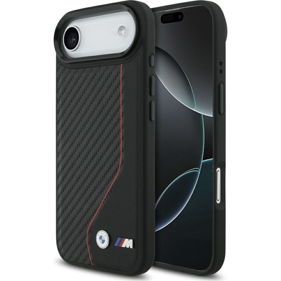 Etui BMW M Carbon Line & Logo do MagSafe do iPhone Air, czarne z czerwoną linią. Design premium, detal motoryzacyjny, styl, luksus