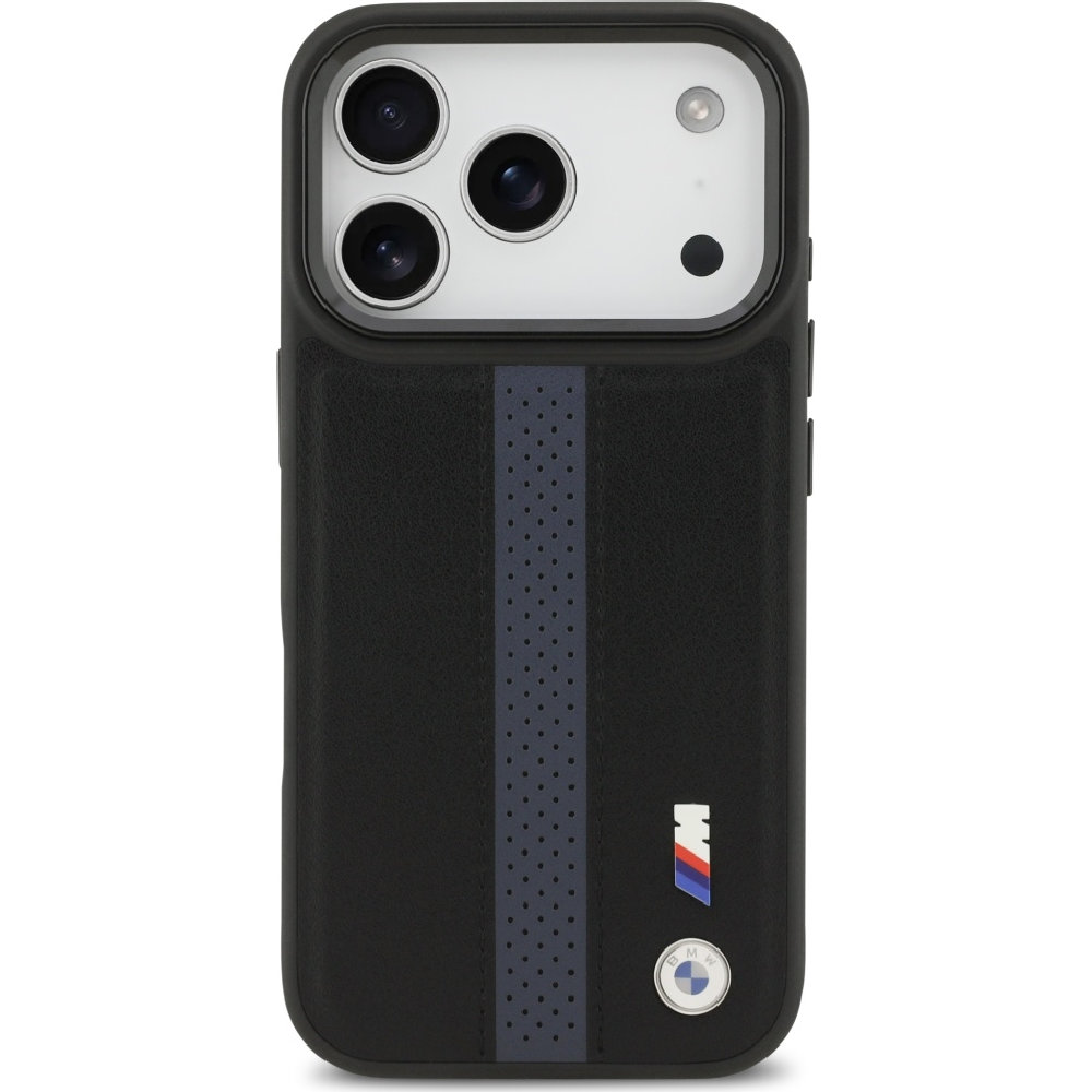 BMW Hardcase M Perforated Stripe Logo MagSafe, funkcjonalność wygoda montażu precyzyjne wycięcia, czarno-niebieskie