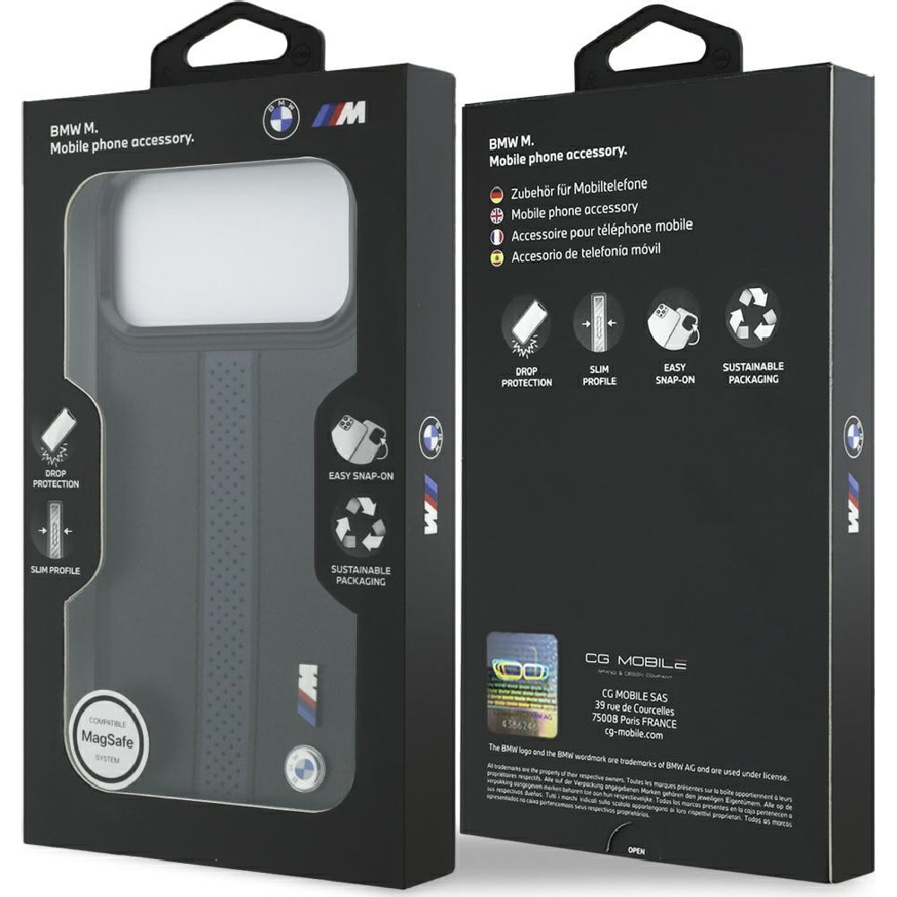 BMW Hardcase M Perforated Stripe Logo MagSafe, ochronny case na plecki, elegancki smukły, czarno-niebieskie