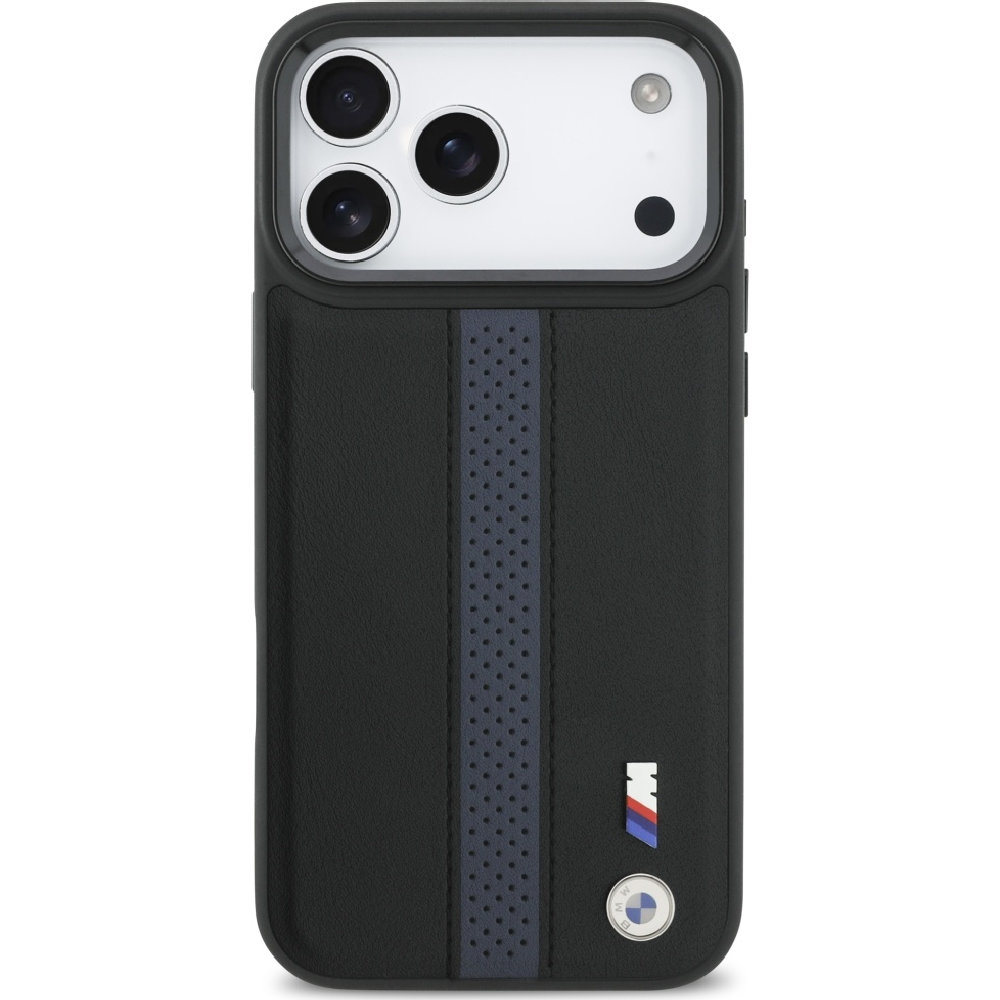 BMW Hardcase M Perforated Stripe Logo MagSafe, funkcjonalność wygoda montażu precyzyjne wycięcia, czarno-niebieskie