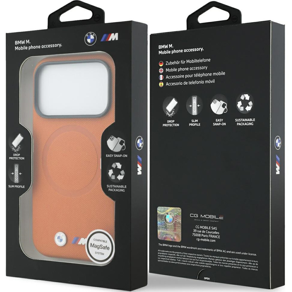 Etui ochronne BMW M FW Metal Logo MagSafe do iPhone 17 Pro, pomarańczowe