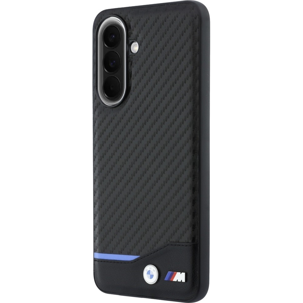 BMW M Carbon Leather – Etui BMW z karbonem i ekoskórą do Galaxy A57 5G, niebieskie przeszycie, metalowe logo BMW M, elegancki design, czarne