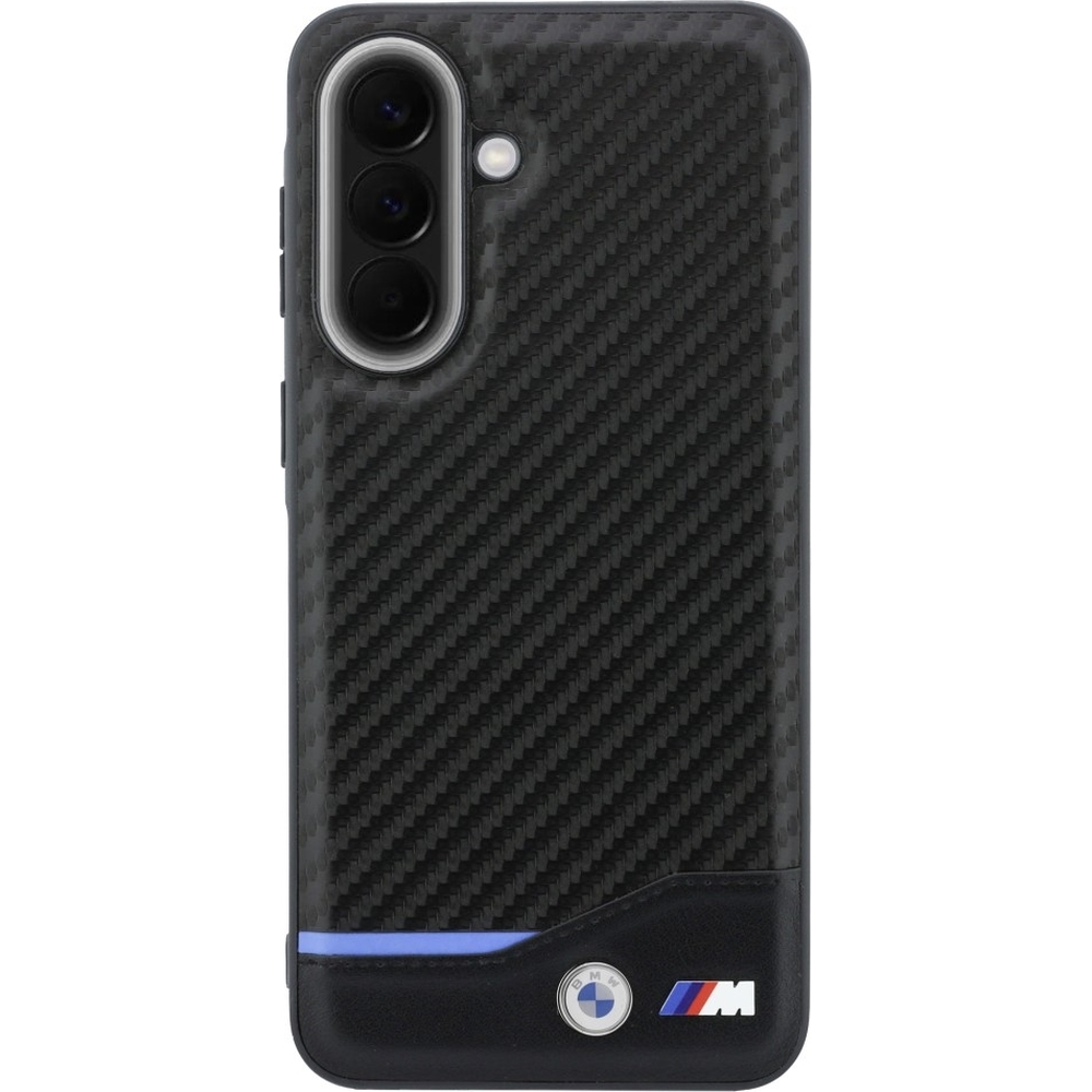 BMW M Carbon Leather – Etui BMW chroniące ekran i aparat do Galaxy A57 5G, amortyzacja uderzeń, podniesione krawędzie, dostęp do portów