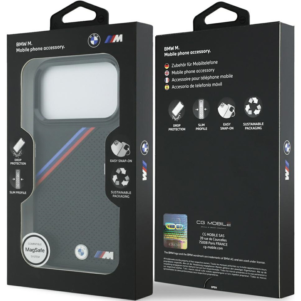Etui BMW M Tricolor Metal Logo do MagSafe do iPhone 17 Pro, czarne