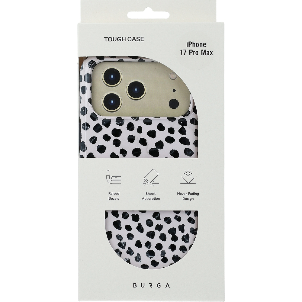 Ekskluzywne etui Burga Almond Latte Tough Magnetic do iPhone 17 Pro Max, beżowe z czarnymi kropkami