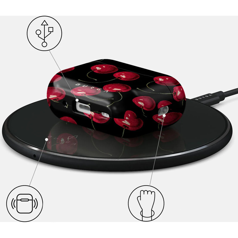 Ekskluzywne etui Burga Cherrybomb do AirPods Pro 2, czarne ze wzorem wiśni