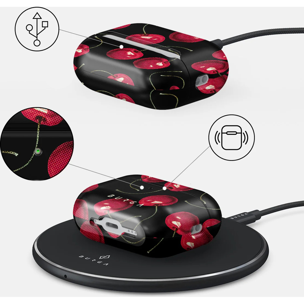 Ekskluzywne etui Burga Cherrybomb do AirPods Pro 3, czarne ze wzorem wiśni