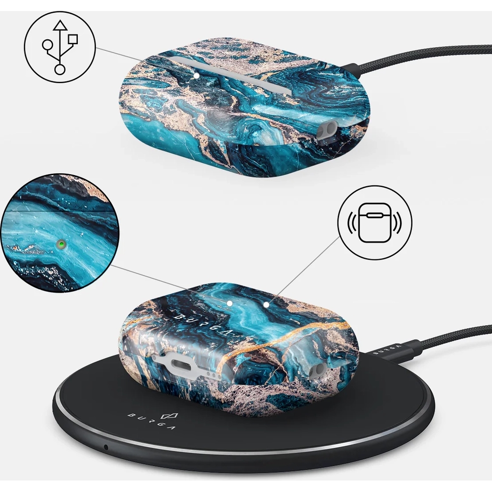 Ekskluzywne etui Burga Mystic River do AirPods Pro 3, marmurowe niebiesko-złote