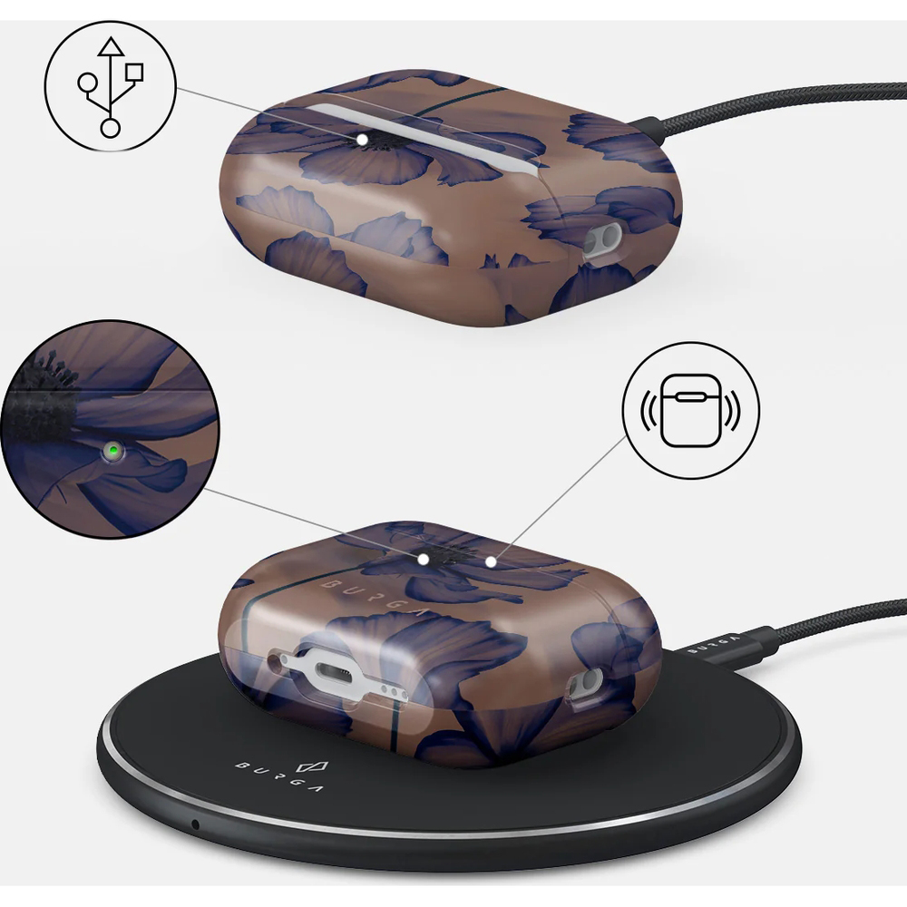 Ekskluzywne etui Burga Velvet Night do AirPods Pro 3, brązowe z granatowymi kwiatami