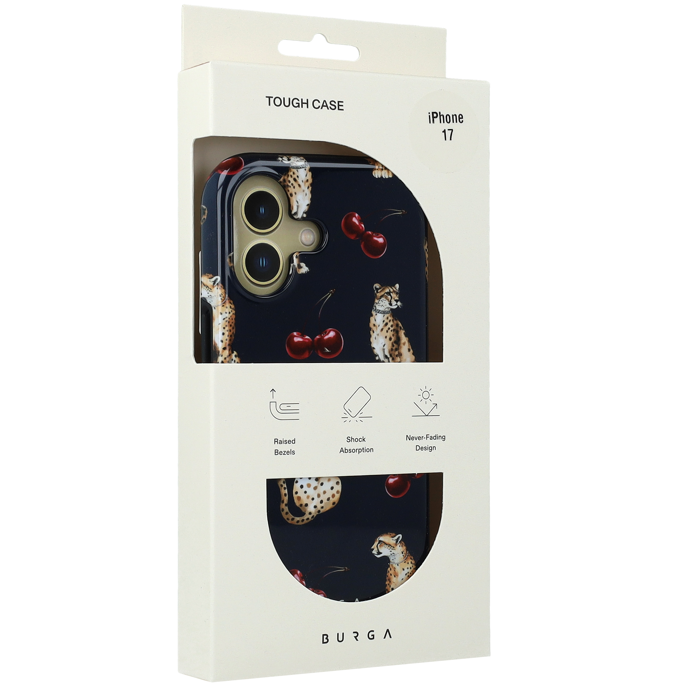 Ekskluzywne etui Burga Cougar Tough Magnetic do iPhone 17, granatowe z wiśniami i gepardem