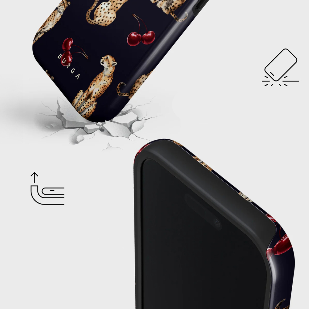 Ekskluzywne etui Burga Cougar Tough Magnetic do iPhone 17, granatowe z wiśniami i gepardem