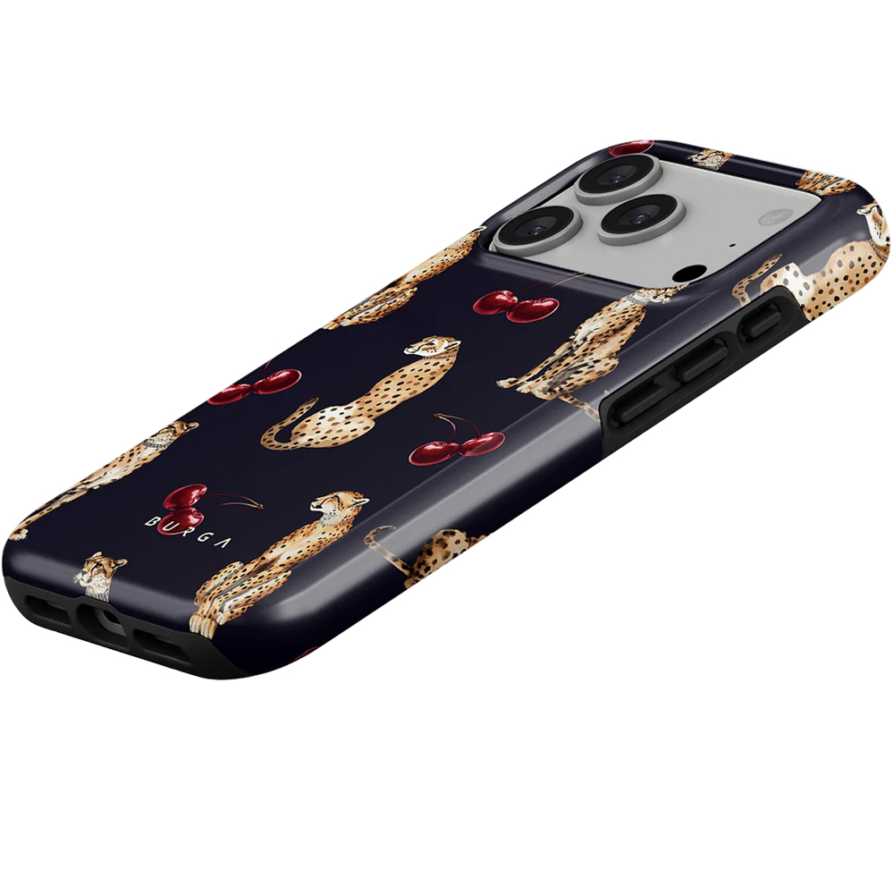 Ekskluzywne etui Burga Cougar Tough Magnetic do iPhone 17 Pro, granatowe z wiśniami i gepartem